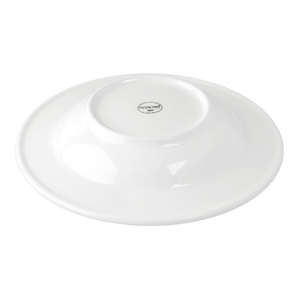 A white porcelain soup bowl shown upside down.