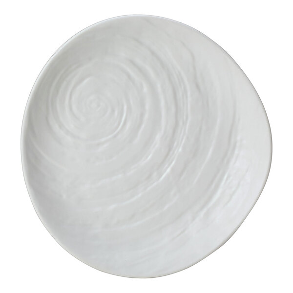 A white, round 11-inch melamine plate with a textured, swirl pattern.
