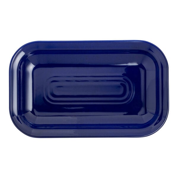 A blue rectangular melamine platter.