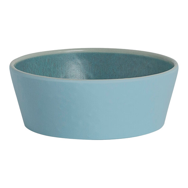 A blue melamine round bowl with a 9.5 oz. capacity.