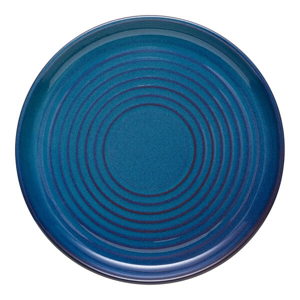 A blue terracotta plate with concentric circular patterns.