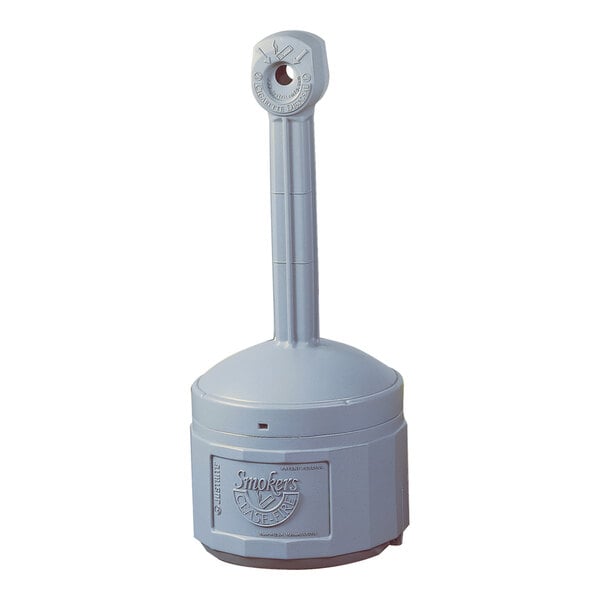 A pewter gray plastic outdoor ashtray designed for smokers, with a tall neck and a round base.