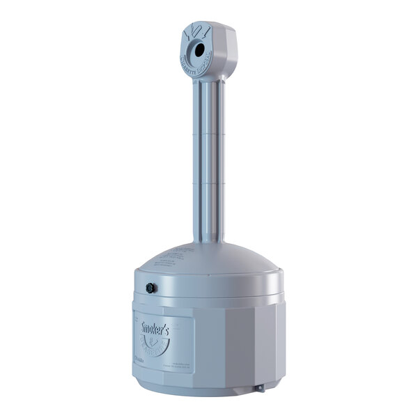 A pewter gray plastic outdoor ashtray designed for cigarette disposal.