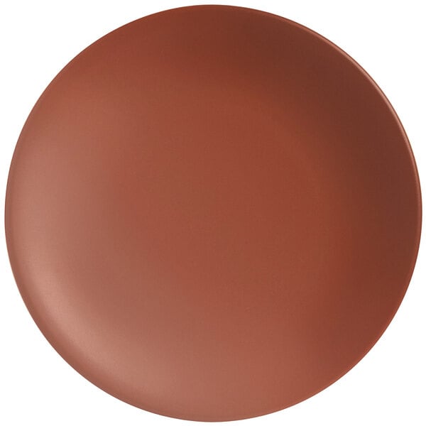 A round, clay-colored satin matte porcelain coupe plate.