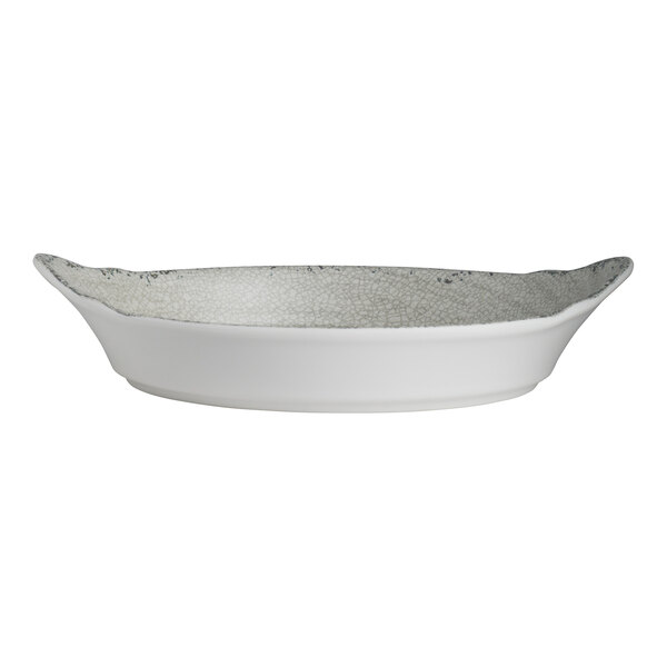 An oval stone melamine dish with small handles on each end and a textured interior.