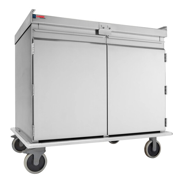 A stainless steel meal delivery cart with two doors and four wheels, designed to hold 20 trays sized 14 by 18 inches.