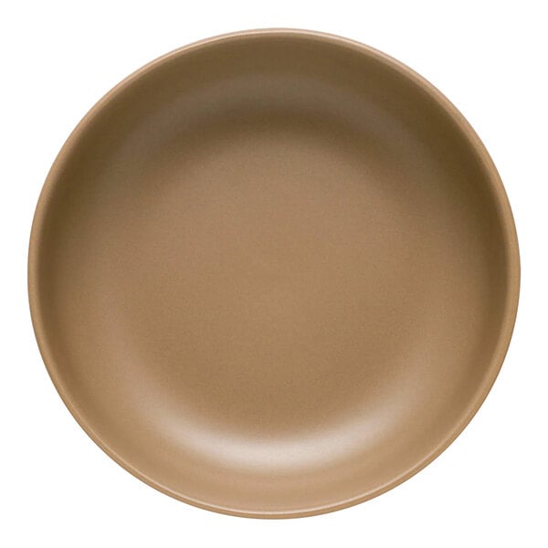 A round, sand-colored satin matte porcelain low bowl.