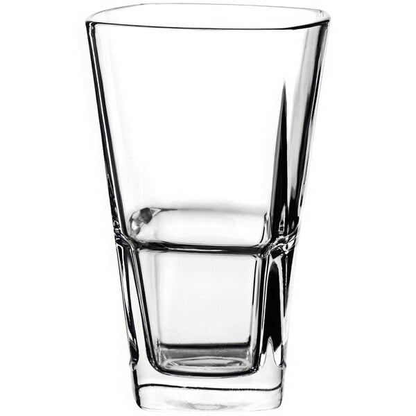 A clear, stackable 12 oz. beverage glass with a modern, angular design.