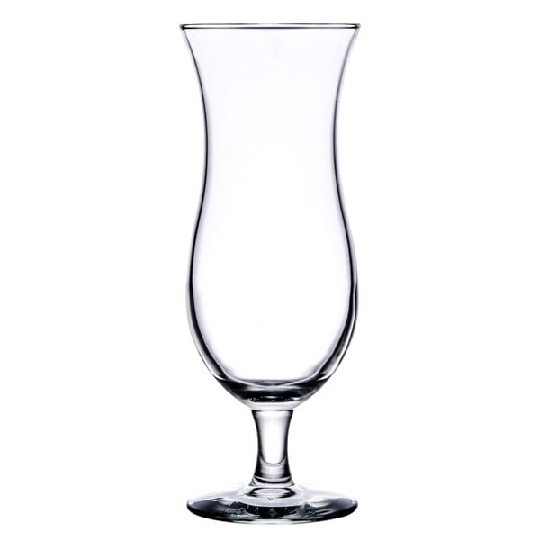 A clear 15 oz. hurricane glass with a curved bowl and a short stem.