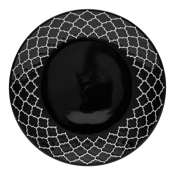 A black porcelain plate with white embossed geometric patterns around the rim.