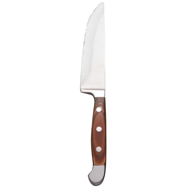 A stainless steel steak knife with a brown handle and three rivets.