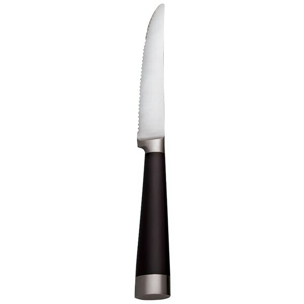A stainless steel serrated steak knife with a black plastic handle.
