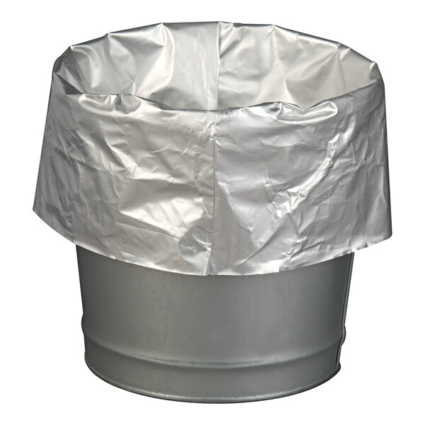 A metal bucket with a disposable silver liner fitted inside.