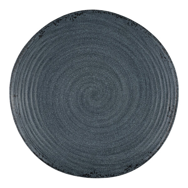 A round, slate-colored melamine plate with a textured, spiral pattern.