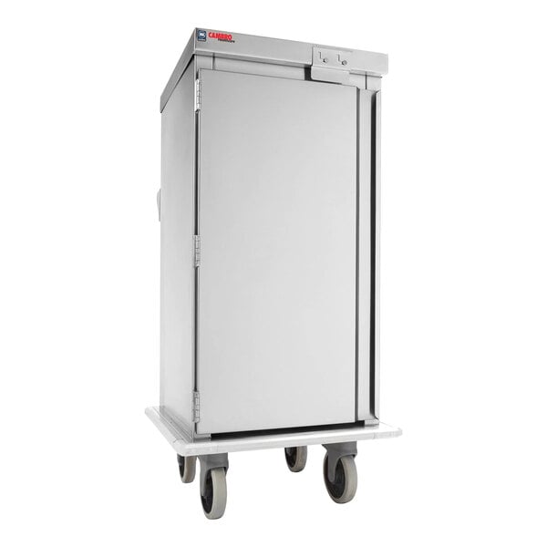 A stainless steel meal delivery cart with a single door and four wheels.