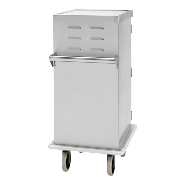 A stainless steel meal delivery cart with six tray capacity and four wheels.