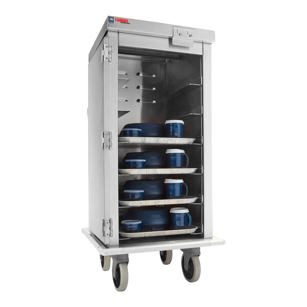A stainless steel meal delivery cart with six trays, designed for transporting food and beverages.