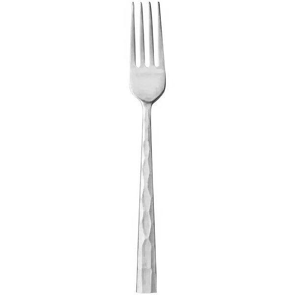 A stainless steel dinner fork with a textured handle.