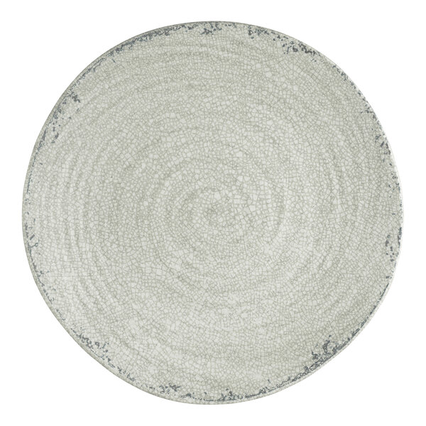 A round, stone-colored melamine plate with a textured, crackled finish and slightly distressed edges.