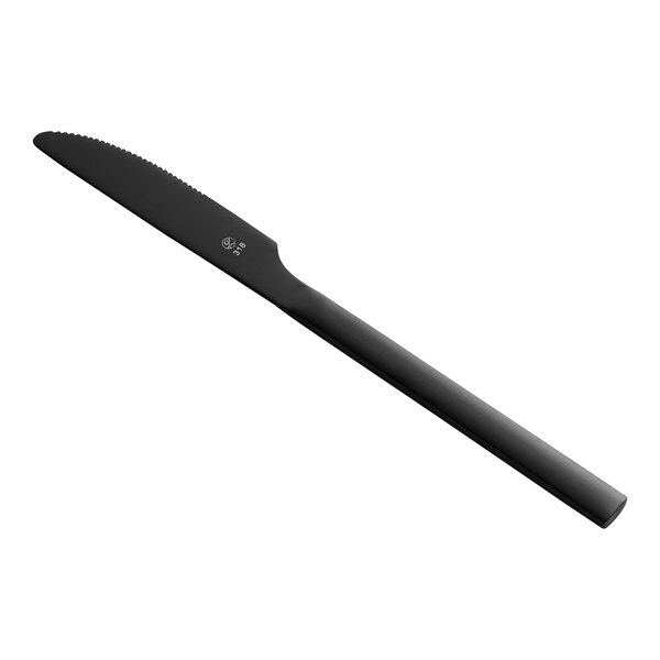 A black stainless steel dinner knife with a serrated edge and a sleek, modern design.
