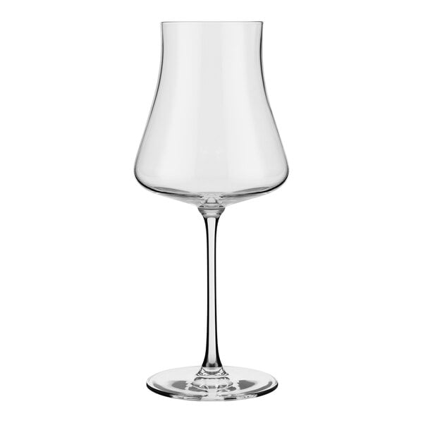 A clear, stemmed wine glass with a wide bowl and narrow rim.