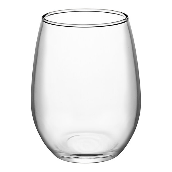 A clear, stemless wine glass with a rounded shape and a 9 oz. capacity.