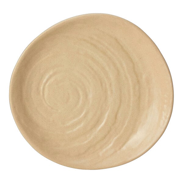 A round, beige melamine plate with a subtle textured pattern.