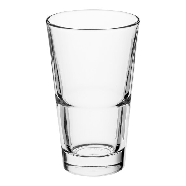 A clear, stackable 14 oz. mixing glass with a slightly flared rim.