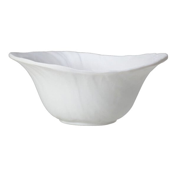 A white melamine deep bowl with a wavy rim, holding 14 oz.