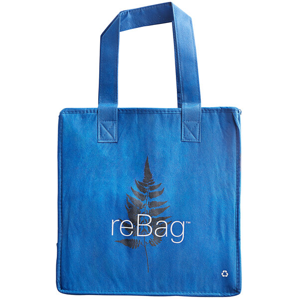 A blue ReBag reusable shopping bag with a leaf logo.