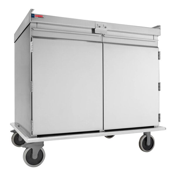A stainless steel meal delivery cart with two doors and four wheels, designed to hold 20 trays sized 15 by 20 inches.