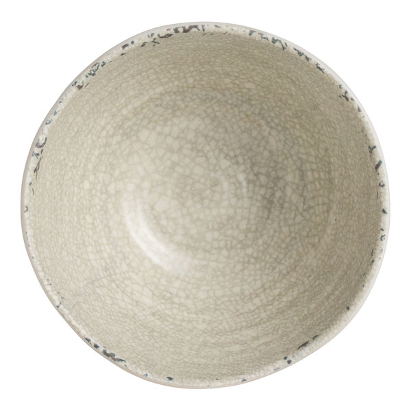 A round, stone-colored melamine bowl with a subtle crackle pattern.