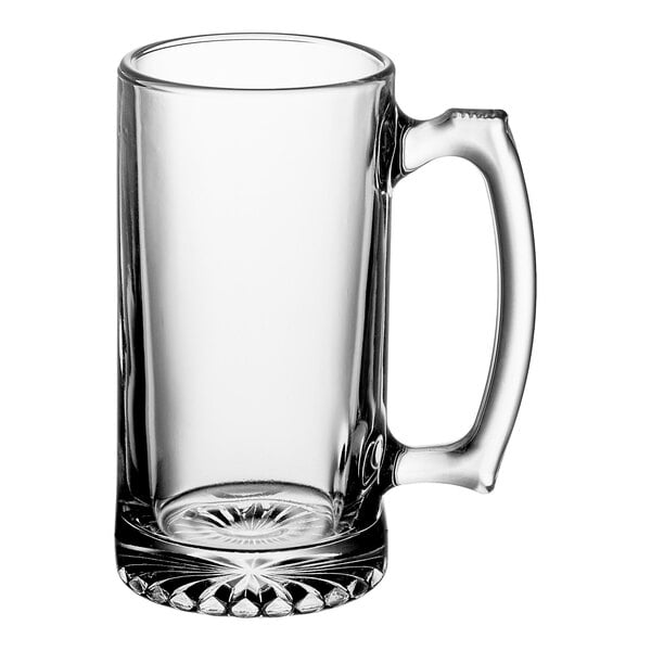 A clear glass beer mug with a sturdy handle and a thick base.