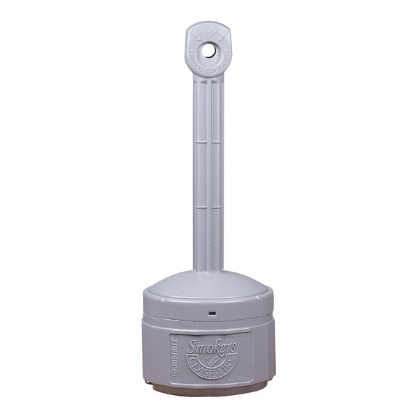 A pewter gray plastic outdoor ashtray designed for smokers, featuring a tall, narrow neck and a round base.
