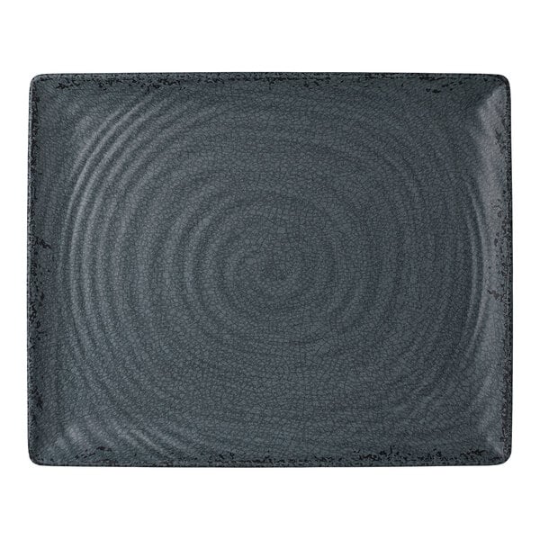 A rectangular slate-colored melamine tray with a textured, concentric circle pattern.