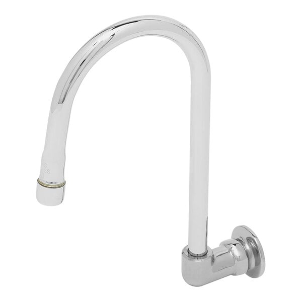 A silver T&S wall mount faucet with a rigid gooseneck and aerator.