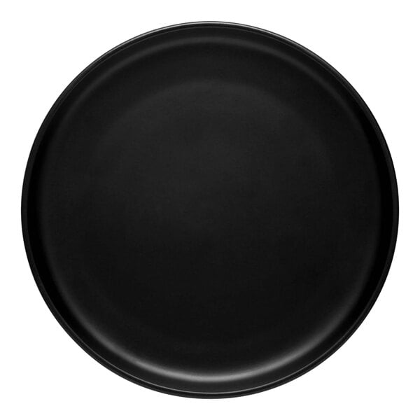 A round, black satin matte porcelain flat coupe plate.