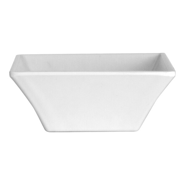 A white, square-shaped deep melamine bowl.