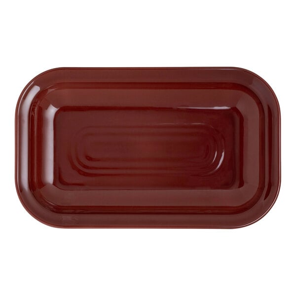 A red rectangular melamine platter.