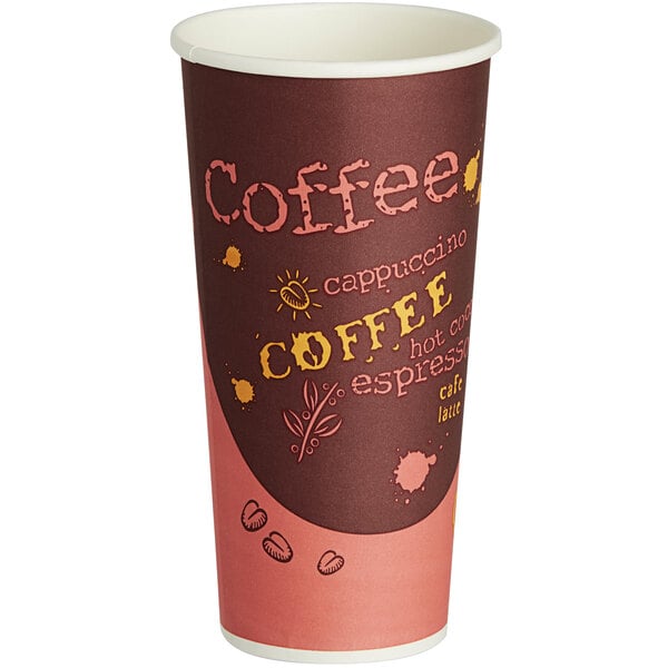 A 24 oz. single wall paper hot cup with a coffee-themed print.