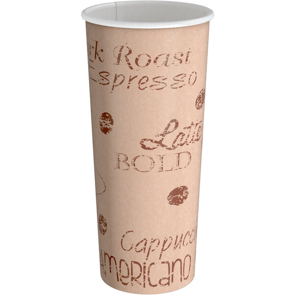 A tall, single wall paper hot cup with a cafe-themed print and a 24 oz. capacity.