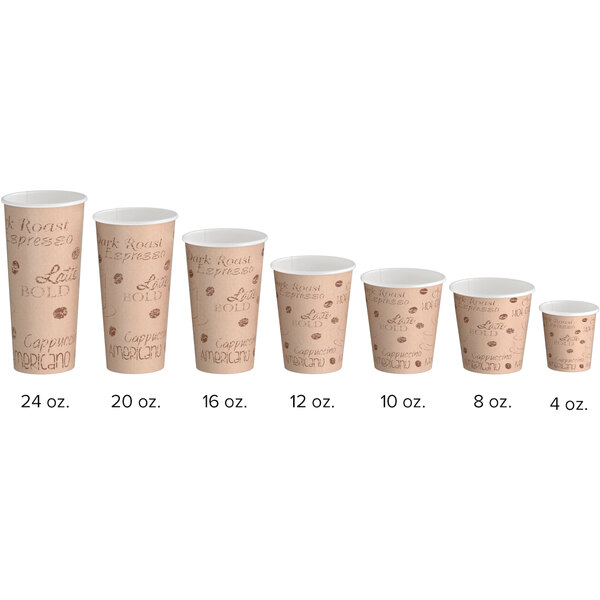 A set of single wall cafe print poly paper hot cups in various sizes ranging from 4 oz. to 24 oz.