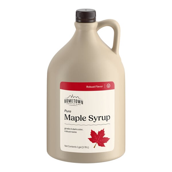 A one-gallon jug of Hometown Provisions Grade A Dark Robust Pure Maple Syrup.
