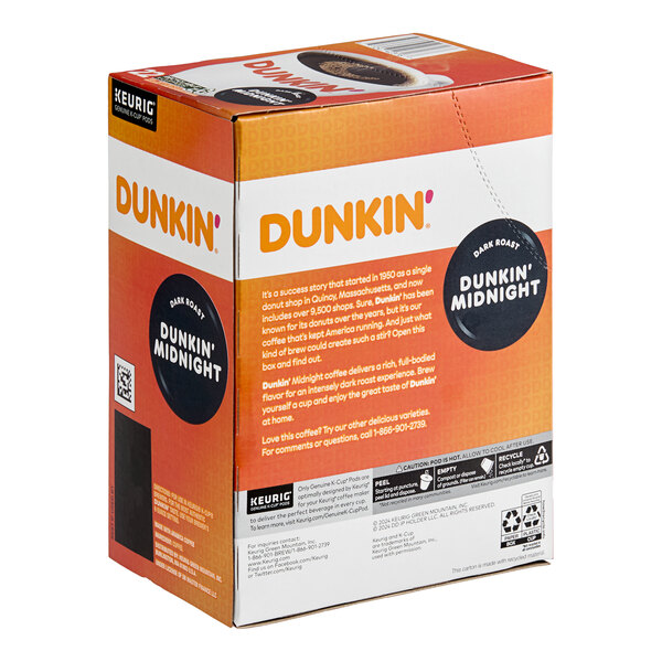 A box of Dunkin' Midnight dark roast coffee single serve Keurig K-Cup pods containing 22 pods.