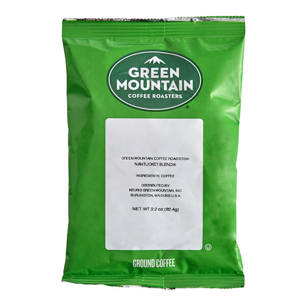 A green packet of Green Mountain Coffee Roasters Nantucket Blend ground coffee, 2.2 oz size.
