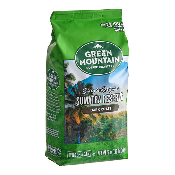A bag of Green Mountain Coffee Roasters Sumatra Reserve whole bean coffee, dark roast, 18 oz.