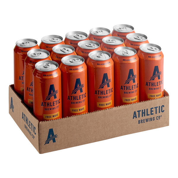 A 15-pack of Athletic Brewing Co. Free Wave Non-Alcoholic Hazy IPA 19.2 fl. oz. cans in a cardboard tray.
