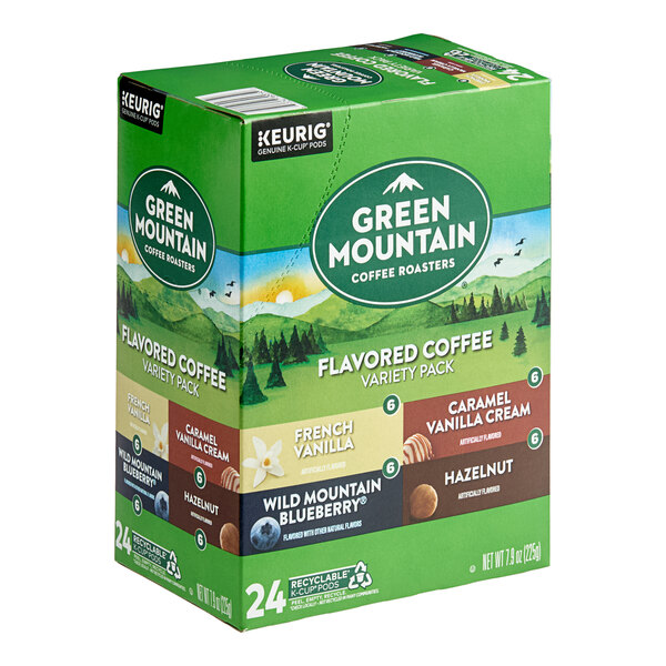 A box of Green Mountain Coffee Roasters Flavored Coffee Keurig K-Cup Pod Variety Pack containing 24 pods.