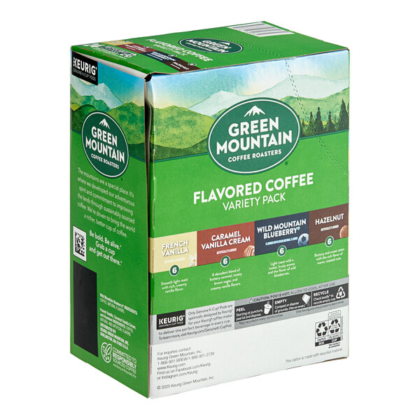 A box of Green Mountain Coffee Roasters Flavored Coffee Keurig K-Cup Pod Variety Pack containing 24 pods.