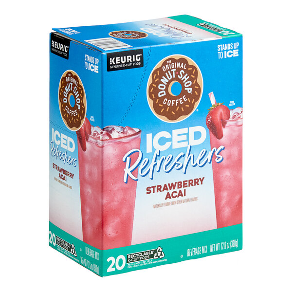 A box of The Original Donut Shop Strawberry Acai Iced Refresher single serve Keurig K-Cup pods containing 20 pods.